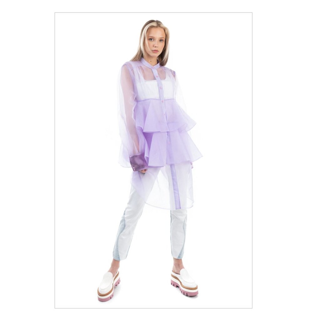 MOON LEE Organza Shirt Dress Size L Tiered Ruffle Trim See Through